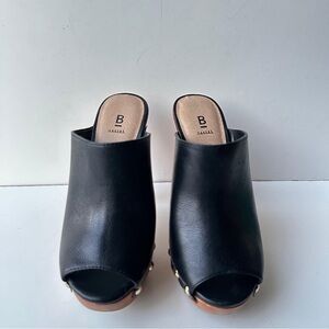 Bakers Black Leather Platform Clog Mules Studded Wood High Heel Peep Toe Size 5